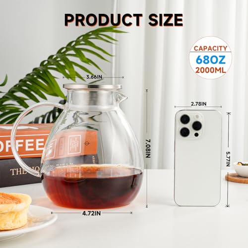 GURUDAR 68OZ/2000ML One Touch Glass Teapot with Stainless Steel Filter Lid, Stovetop & Microwave Safe Tea Maker Water Kettle, Strainer & Cover 2 in 1 Loose Leaf Tea Steeper Pot Coffee Carafe - Image 2