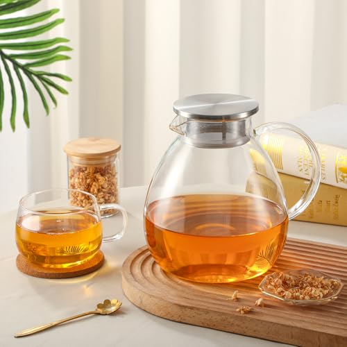 GURUDAR 68OZ/2000ML One Touch Glass Teapot with Stainless Steel Filter Lid, Stovetop & Microwave Safe Tea Maker Water Kettle, Strainer & Cover 2 in 1 Loose Leaf Tea Steeper Pot Coffee Carafe - Image 5