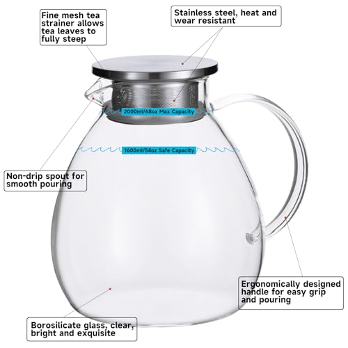 GURUDAR 68OZ/2000ML One Touch Glass Teapot with Stainless Steel Filter Lid, Stovetop & Microwave Safe Tea Maker Water Kettle, Strainer & Cover 2 in 1 Loose Leaf Tea Steeper Pot Coffee Carafe - Image 3