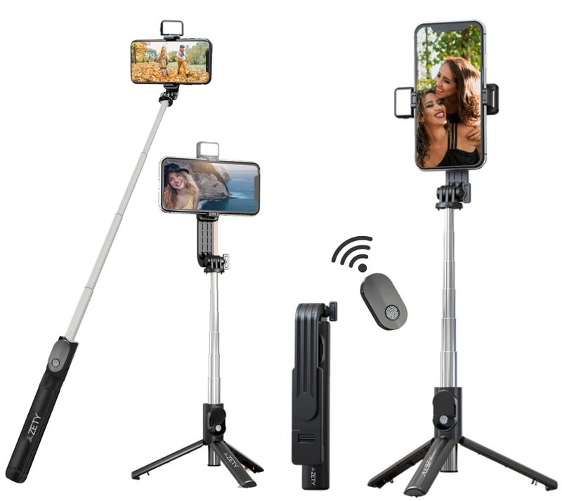 Zety (S20) 40 Inch / 103cm Extendable Selfie Stick Tripod with Finger Print Style Bluetooth Remote Control & LED Light | Multi Purpose Selfie Stick Cum Phone Tripod | Selfie Stick Tripods - Image 1