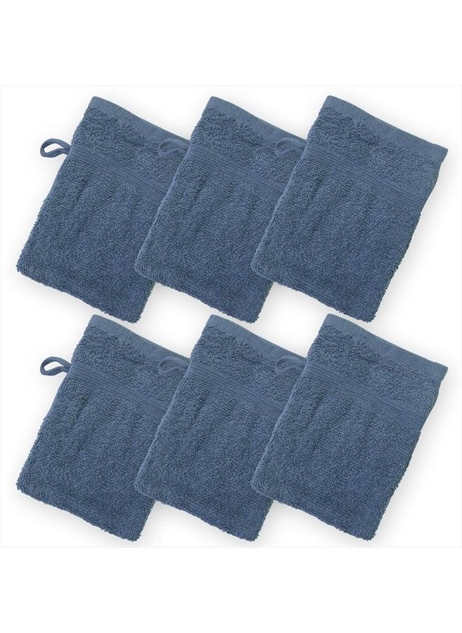 Homewear - High Rise Stripe 6 Pack 6 x 8.5 Wash Mitt Set, Low Twist, Highly Absorbent, Gentle Hand and Face Cloth, European Style with Loop, Indigo - Image 1