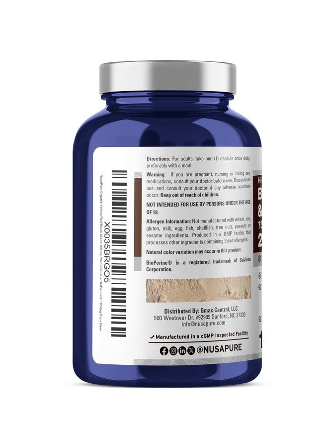 NusaPure نوسابور ماكا جذر أسود، أحمر، أصفر 20,000 ملغ - 180 كبسولة نباتية (نباتية، غير معدلة وراثيًا، خالية من الغلوتين) بيوبيرين - Image 3