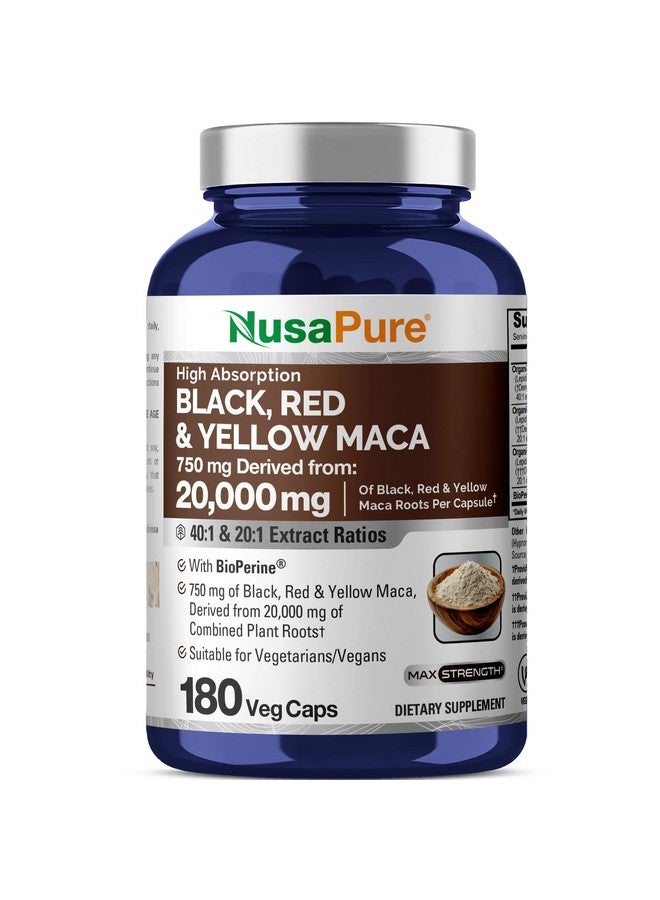 NusaPure نوسابور ماكا جذر أسود، أحمر، أصفر 20,000 ملغ - 180 كبسولة نباتية (نباتية، غير معدلة وراثيًا، خالية من الغلوتين) بيوبيرين - Image 1