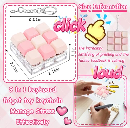 ILHSTY Keyboard Fidget Toy Clicker Fidget Keychain 9in1 Stress Relief Desk Toys Decompression Button Keyboard with Removable Keycaps Anxiety Relief Valentines Day Gifts for Adult 2 ColorMix Pink - Image 5