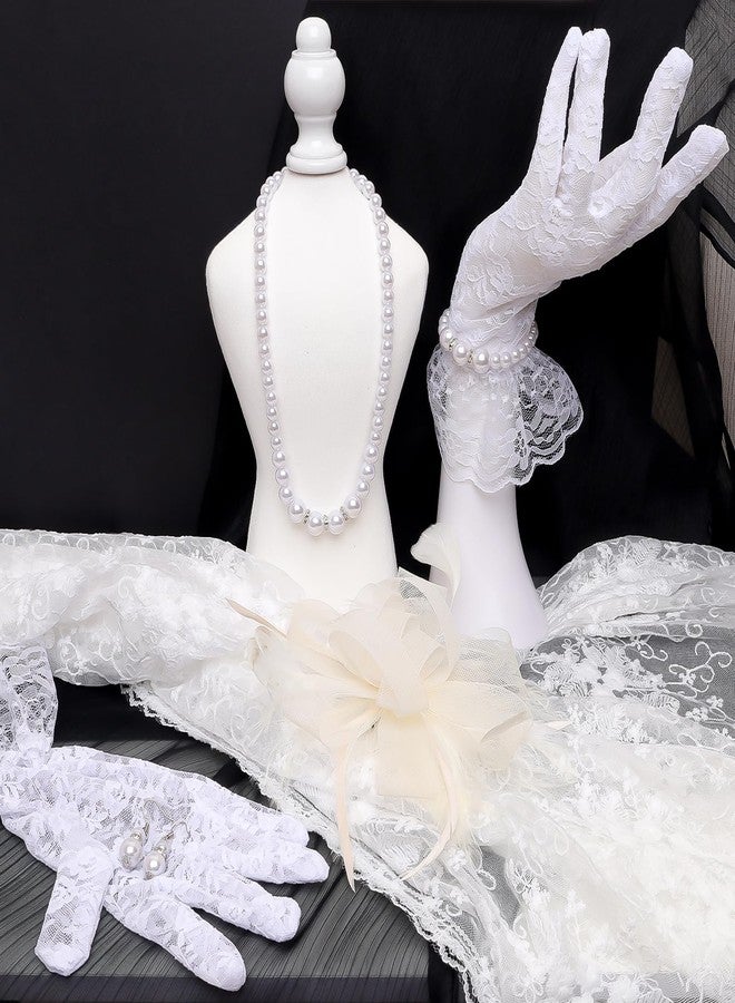 Gvhntk 5Pcs Fascinator Hat for Womens Headpiece Tea Party with Pearl Lace Gloves Set 20s Vintage Hair Accessories for Wedding (Polyester, Beige) - Image 4