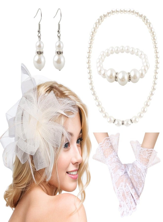 Gvhntk 5Pcs Fascinator Hat for Womens Headpiece Tea Party with Pearl Lace Gloves Set 20s Vintage Hair Accessories for Wedding (Polyester, Beige) - Image 1
