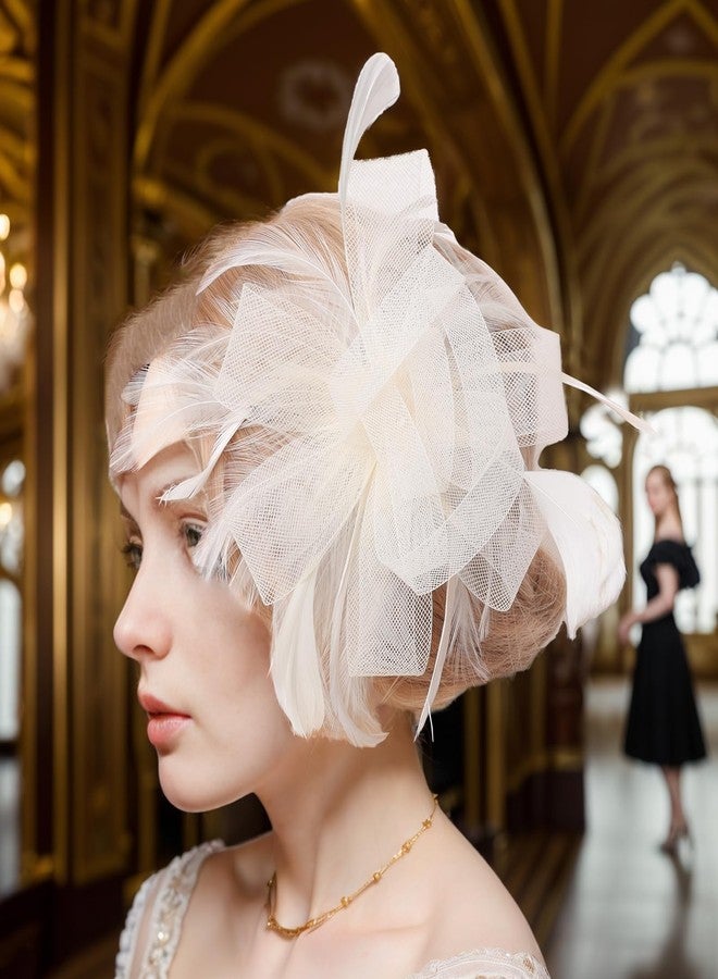 Gvhntk 5Pcs Fascinator Hat for Womens Headpiece Tea Party with Pearl Lace Gloves Set 20s Vintage Hair Accessories for Wedding (Polyester, Beige) - Image 5