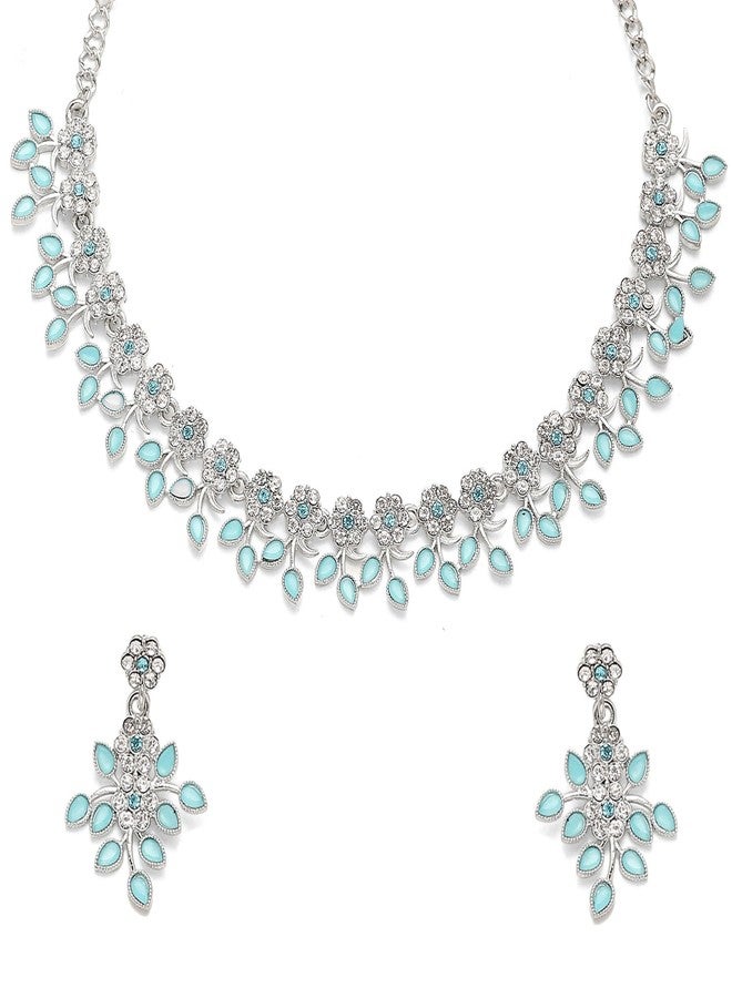 KENNICE Rhodium-Plated Cubic Zirconia Studded Leafy Shaped Necklace With Earrings Jewellery Set For Girls and Women - Image 1