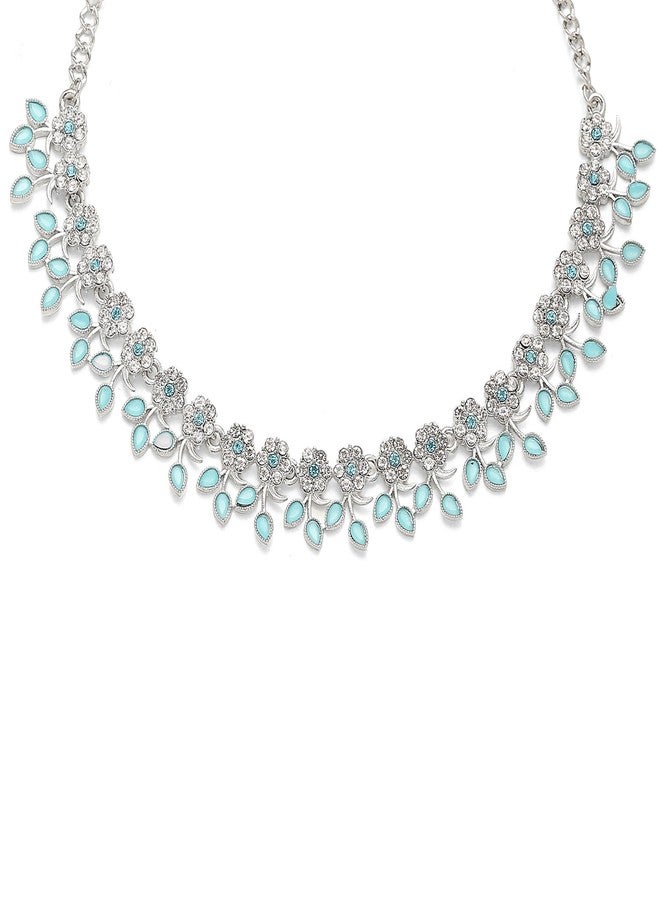 KENNICE Rhodium-Plated Cubic Zirconia Studded Leafy Shaped Necklace With Earrings Jewellery Set For Girls and Women - Image 2