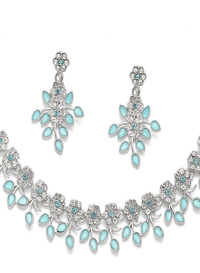 KENNICE Rhodium-Plated Cubic Zirconia Studded Leafy Shaped Necklace With Earrings Jewellery Set For Girls and Women - Image 4