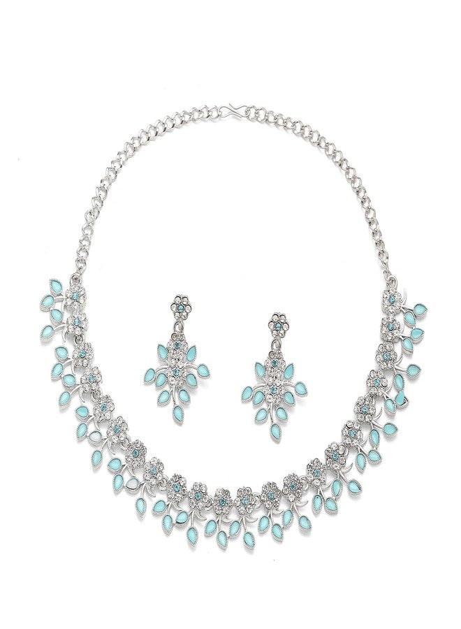 KENNICE Rhodium-Plated Cubic Zirconia Studded Leafy Shaped Necklace With Earrings Jewellery Set For Girls and Women - Image 3