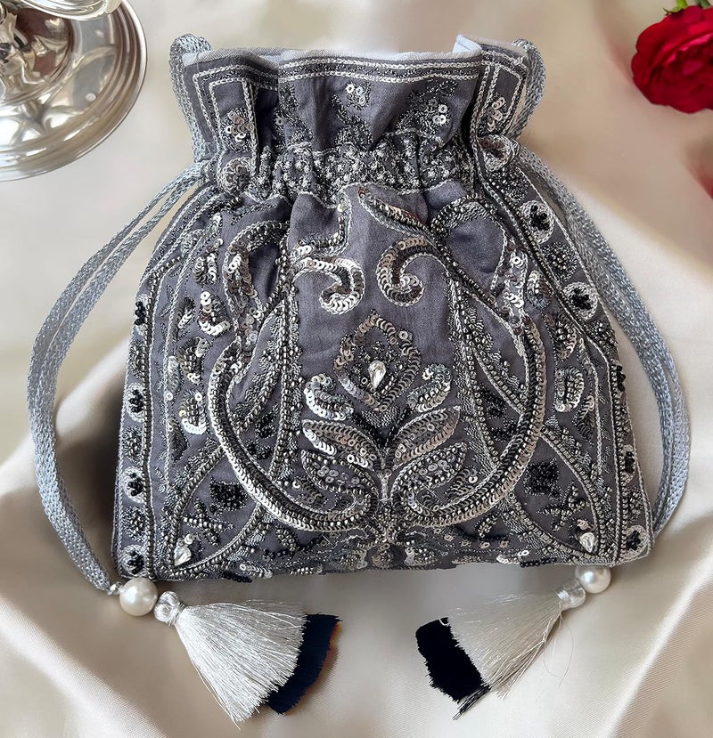 MASQ by Q-One Embroidered Silk Potli Bags - Handcrafted for Weddings, Festive Season & Special Occasions with Beads and Sequins - Made in India - Image 2