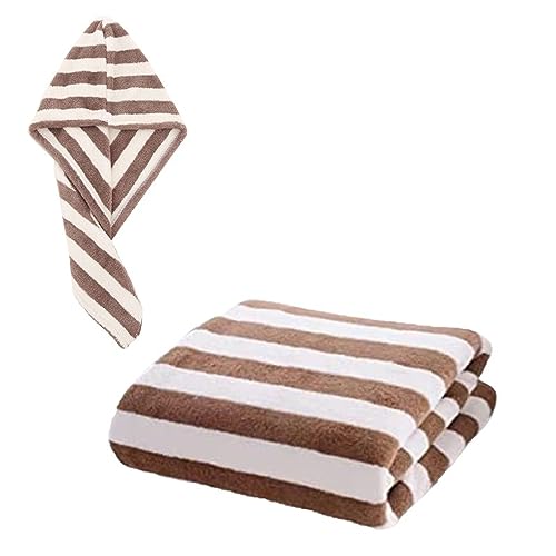 MAXOSHINE Microfiber Bath Towel/Hair Wrap Combo-Soft Super Absorbent Coral Fleece Towels for Bath with Hook-Quick Dry Towel for Women and Men (Grey) (Brown Stripes) - Image 1