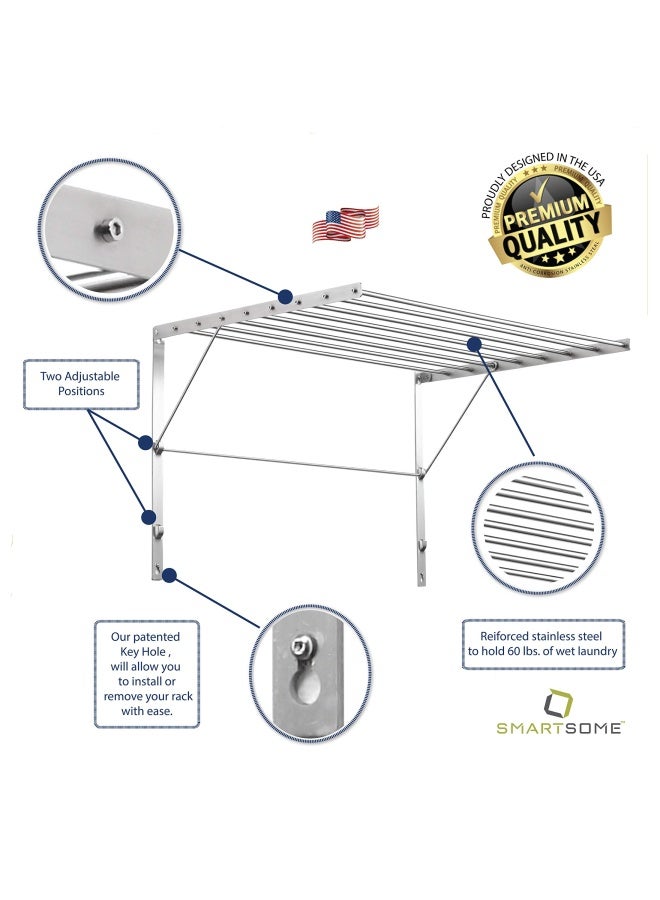 Wall Mounted  Clothes Drying Rack  30 Wide  20 Linear Feet Capacity  8 Smooth Round Stainless Steel Rods  60 Lb Capacity  Fully Assembled  Compact Sturdy Space-Saving Design  - Image 5
