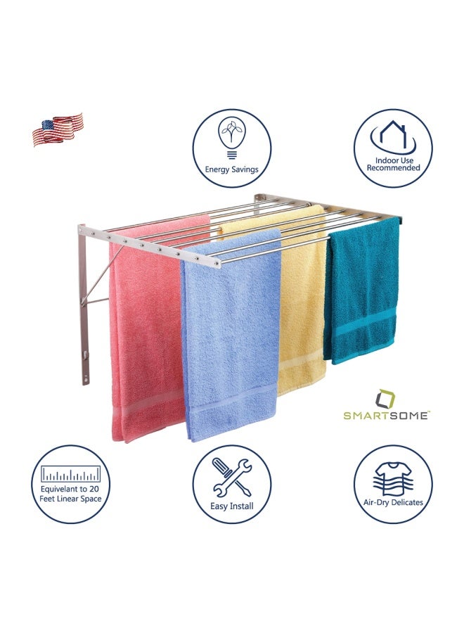 Wall Mounted  Clothes Drying Rack  30 Wide  20 Linear Feet Capacity  8 Smooth Round Stainless Steel Rods  60 Lb Capacity  Fully Assembled  Compact Sturdy Space-Saving Design  - Image 4
