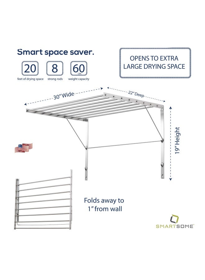 Wall Mounted  Clothes Drying Rack  30 Wide  20 Linear Feet Capacity  8 Smooth Round Stainless Steel Rods  60 Lb Capacity  Fully Assembled  Compact Sturdy Space-Saving Design  - Image 2