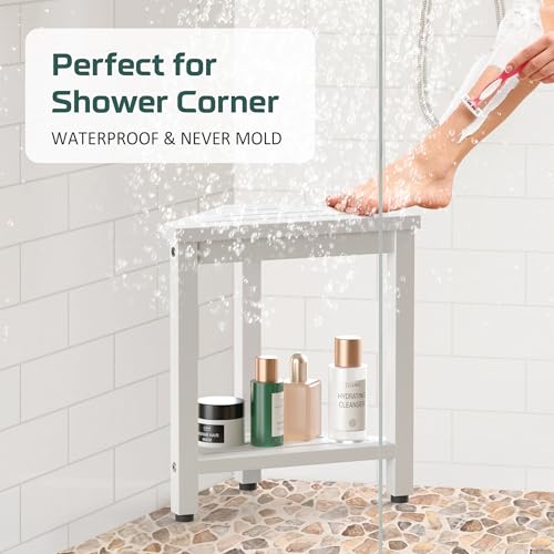 BEKVEM Shower Foot Rest 14in, HDPE Waterproof Shower Stool for Inside Shower, Corner Shower Stool for Shaving Legs with Storage Shelf, Shower Step Stool for Small Space, Plastic Corner Shower Bench, White - Image 4