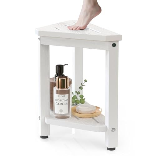 BEKVEM Shower Foot Rest 14in, HDPE Waterproof Shower Stool for Inside Shower, Corner Shower Stool for Shaving Legs with Storage Shelf, Shower Step Stool for Small Space, Plastic Corner Shower Bench, White - Image 1
