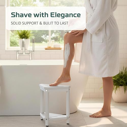 BEKVEM Shower Foot Rest 14in, HDPE Waterproof Shower Stool for Inside Shower, Corner Shower Stool for Shaving Legs with Storage Shelf, Shower Step Stool for Small Space, Plastic Corner Shower Bench, White - Image 2