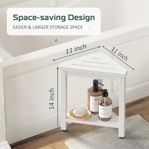 BEKVEM Shower Foot Rest 14in, HDPE Waterproof Shower Stool for Inside Shower, Corner Shower Stool for Shaving Legs with Storage Shelf, Shower Step Stool for Small Space, Plastic Corner Shower Bench, White - Image 3