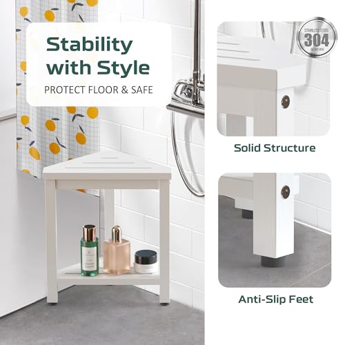 BEKVEM Shower Foot Rest 14in, HDPE Waterproof Shower Stool for Inside Shower, Corner Shower Stool for Shaving Legs with Storage Shelf, Shower Step Stool for Small Space, Plastic Corner Shower Bench, White - Image 5