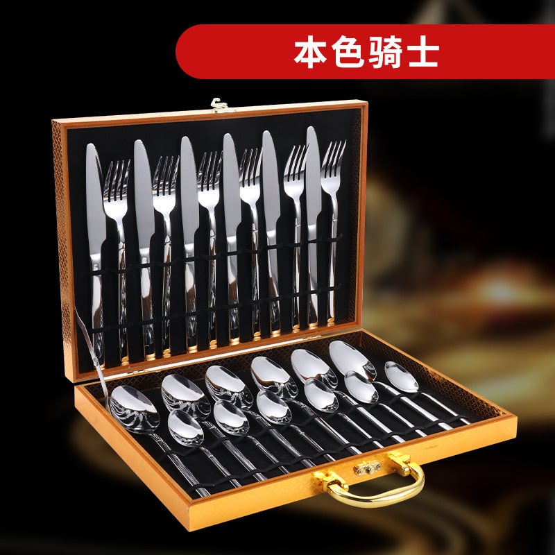 24-Piece Stainless Steel Western Dinnerware Set with Gold-Finish Storage Rack - Perfect Gift for Adults