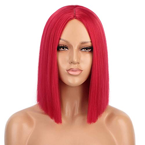 ENTRANCED STYLES Red Wig Synthetic Straight Hair Middle Part Wig Shoulder Length Bob Wigs for Women Colorful Bob Wigs for Party & Cosplay Use - Image 1