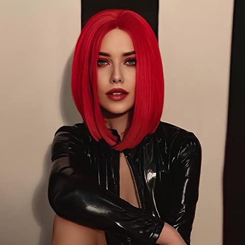 ENTRANCED STYLES Red Wig Synthetic Straight Hair Middle Part Wig Shoulder Length Bob Wigs for Women Colorful Bob Wigs for Party & Cosplay Use - Image 2