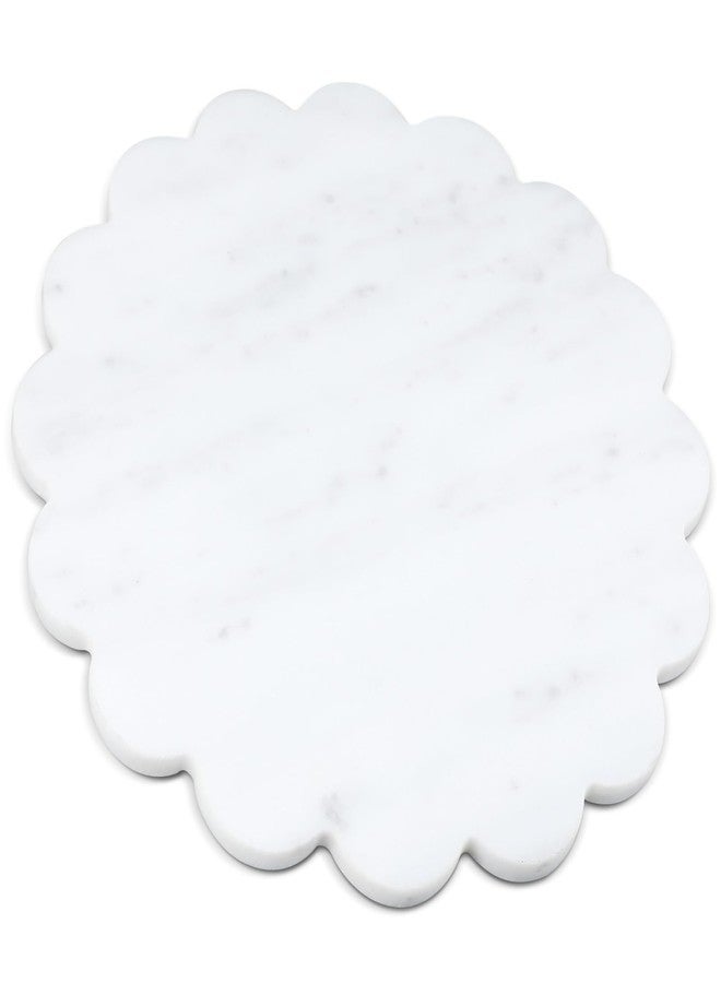 Newtay 12 Inches Marble Cutting Board Round Marble Tray White Scalloped Board with Non Slip Decorative Pastry Tray for Kitchen Pizza Cake Bread Baking Cheese Display - Image 1