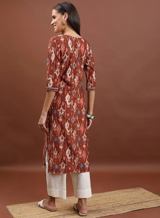 Vishudh Brown Geometric Printed Notch Neck Straight Kurta by Styli