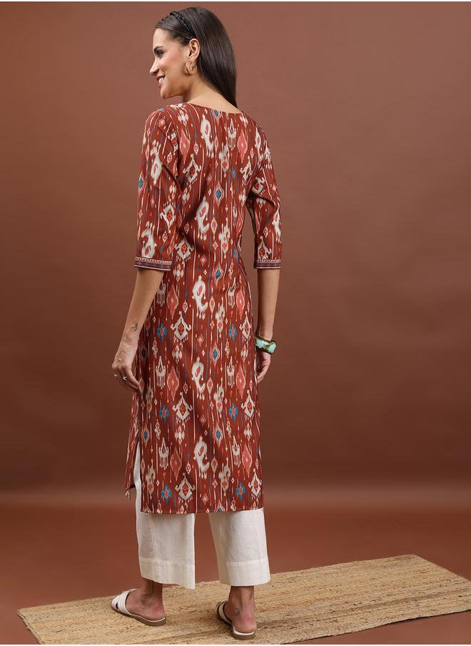 Vishudh Brown Geometric Printed Notch Neck Straight Kurta by Styli  - Image 3