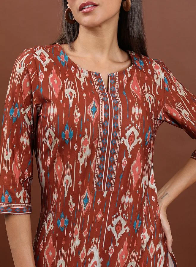 Vishudh Brown Geometric Printed Notch Neck Straight Kurta by Styli