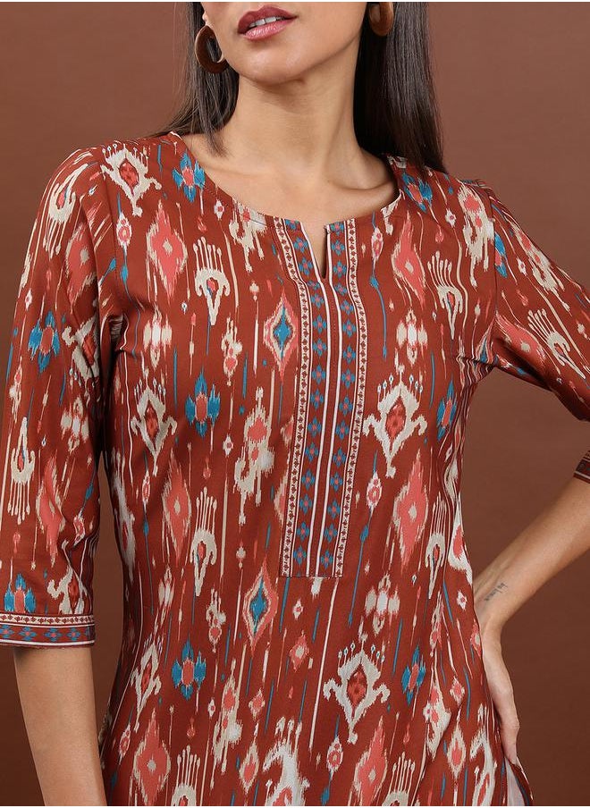 Vishudh Brown Geometric Printed Notch Neck Straight Kurta by Styli  - Image 5