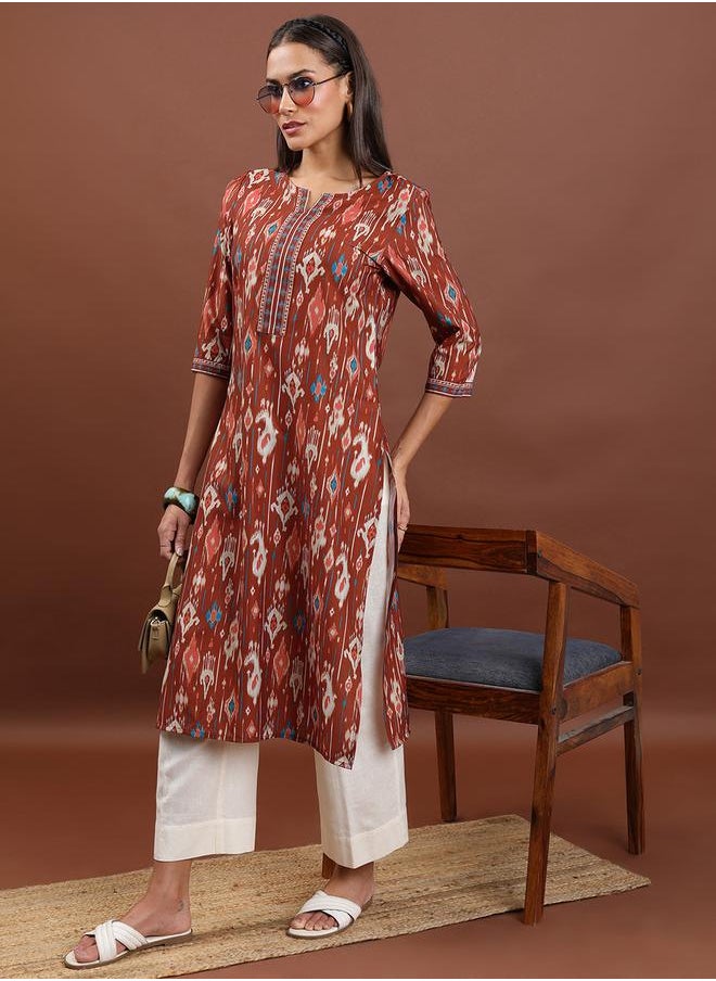 Vishudh Brown Geometric Printed Notch Neck Straight Kurta by Styli  - Image 2