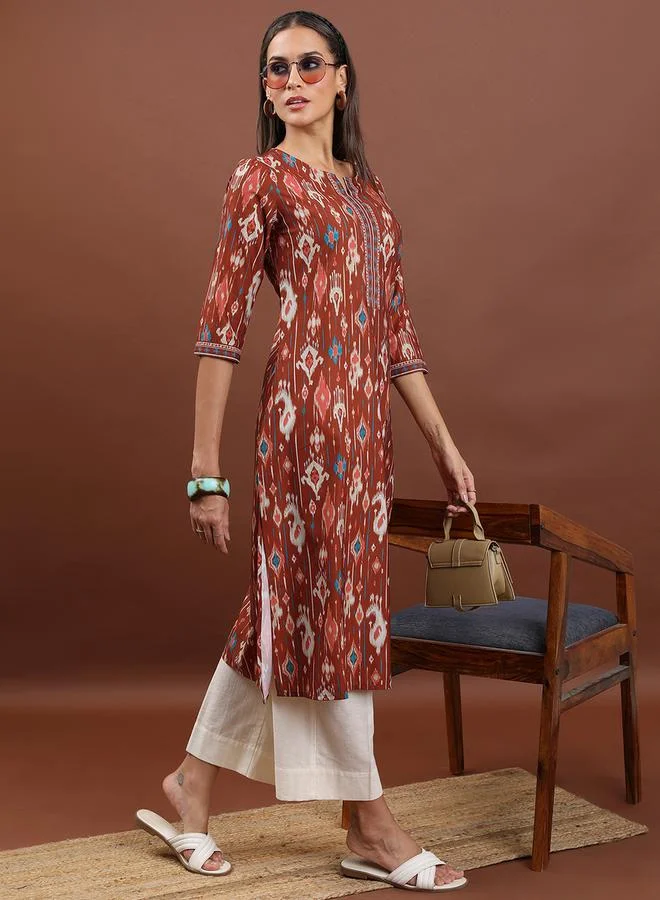 Vishudh Brown Geometric Printed Notch Neck Straight Kurta by Styli