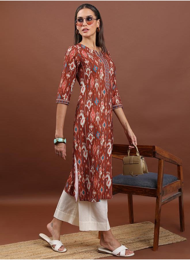 Vishudh Brown Geometric Printed Notch Neck Straight Kurta by Styli  - Image 4