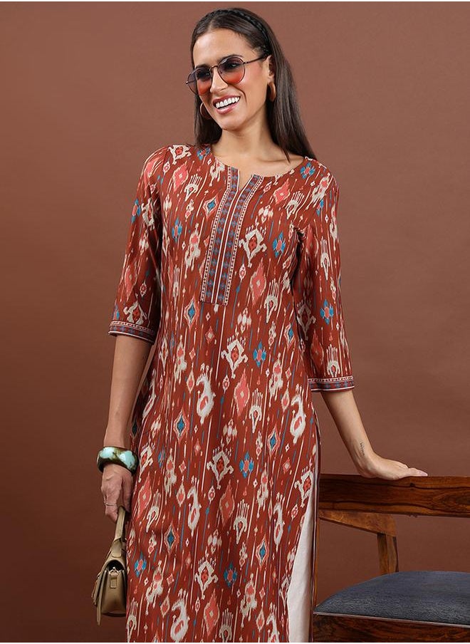 Vishudh Brown Geometric Printed Notch Neck Straight Kurta by Styli  - Image 1
