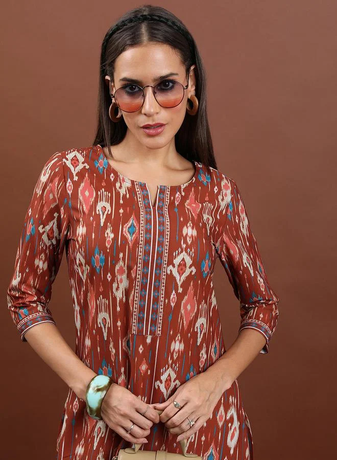 Vishudh Brown Geometric Printed Notch Neck Straight Kurta by Styli