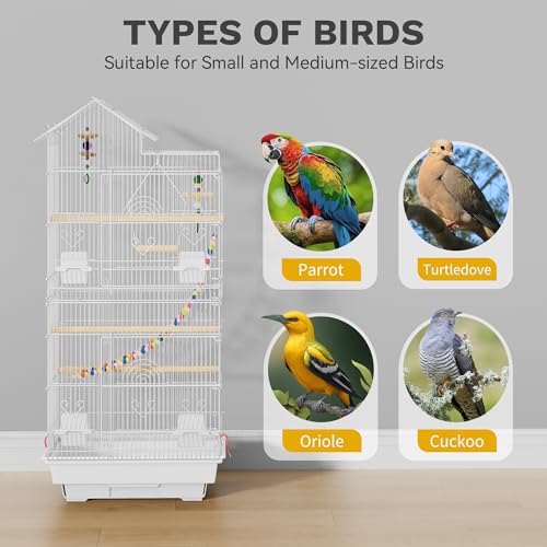 DWVO 62-inch Metal Bird Cage: Spacious Bird Cage for Cockatiels, Parrots, Pigeons, Lovebirds, Features Roof Access and Rolling Stand, White - Image 3