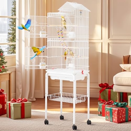 DWVO 62-inch Metal Bird Cage: Spacious Bird Cage for Cockatiels, Parrots, Pigeons, Lovebirds, Features Roof Access and Rolling Stand, White - Image 1