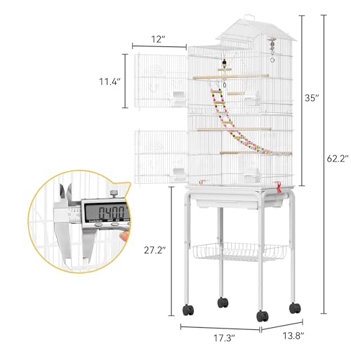 DWVO 62-inch Metal Bird Cage: Spacious Bird Cage for Cockatiels, Parrots, Pigeons, Lovebirds, Features Roof Access and Rolling Stand, White - Image 2
