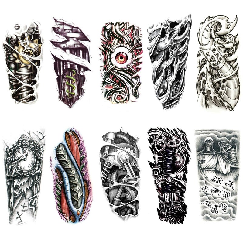 Ooopsiun 10 Sheets Large Temporary Tattoos For Men Adults, Punk Mechanical Waterproof Arm Fake Tattoos For Men
