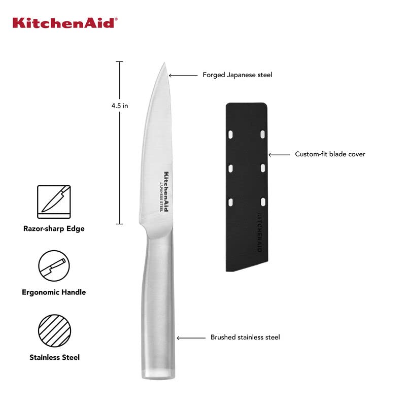 KitchenAid KitchenAid Gourmet Forged Stainless Steel Fine-Edge Utility Knife with Custom-Fit Blade Cover, 4.5-inch, Sharp Kitchen Knife, High-Carbon Japanese Stainless Steel Blade, Brushed Stainless Steel Handle  - Image 5