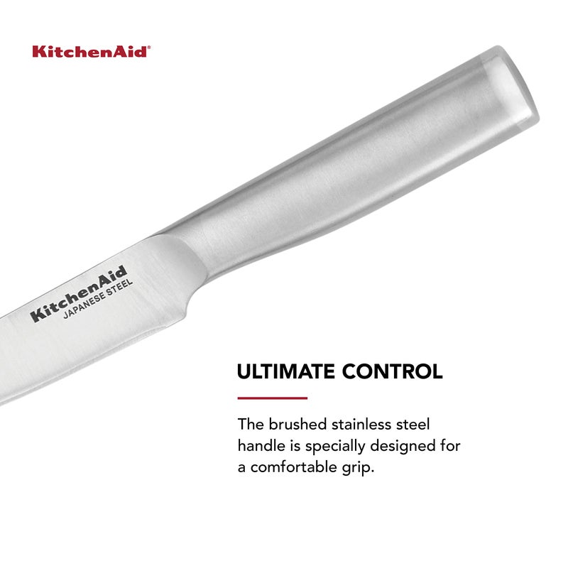 KitchenAid KitchenAid Gourmet Forged Stainless Steel Fine-Edge Utility Knife with Custom-Fit Blade Cover, 4.5-inch, Sharp Kitchen Knife, High-Carbon Japanese Stainless Steel Blade, Brushed Stainless Steel Handle  - Image 4