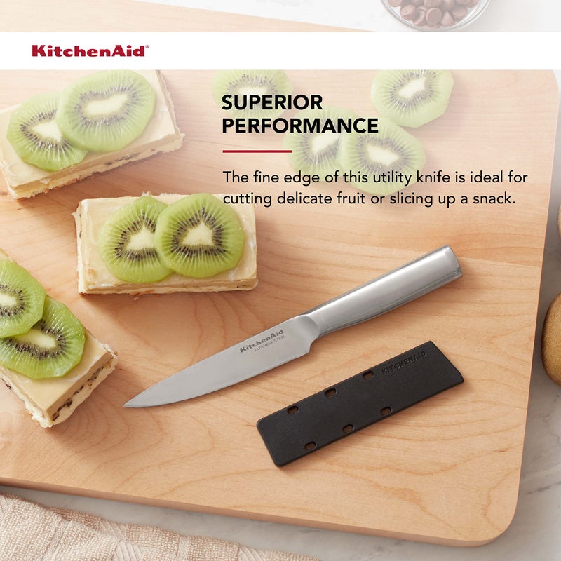 KitchenAid KitchenAid Gourmet Forged Stainless Steel Fine-Edge Utility Knife with Custom-Fit Blade Cover, 4.5-inch, Sharp Kitchen Knife, High-Carbon Japanese Stainless Steel Blade, Brushed Stainless Steel Handle  - Image 3
