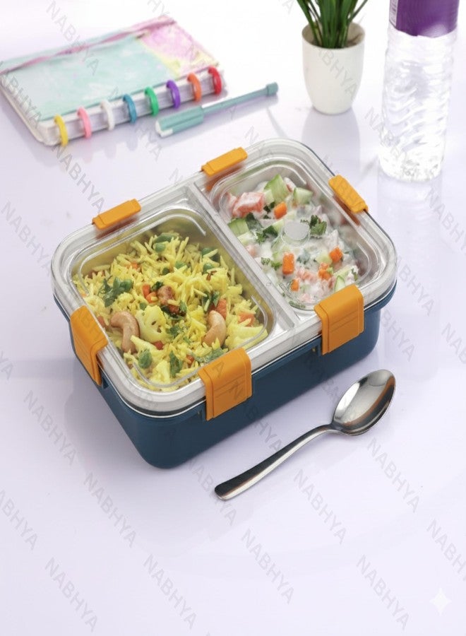 Nabhya Stainless Steel Lunch Box with 2 Compartments & Leak-Proof Lid | BPA-Free Airtight Bento Box for School, Office & Travel | 304 Steel Interior | Includes Spoon (Blue, 2-Compartment) 700ML - Image 4
