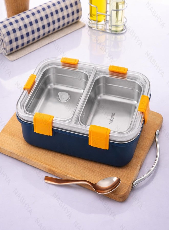 Nabhya Stainless Steel Lunch Box with 2 Compartments & Leak-Proof Lid | BPA-Free Airtight Bento Box for School, Office & Travel | 304 Steel Interior | Includes Spoon (Blue, 2-Compartment) 700ML - Image 2