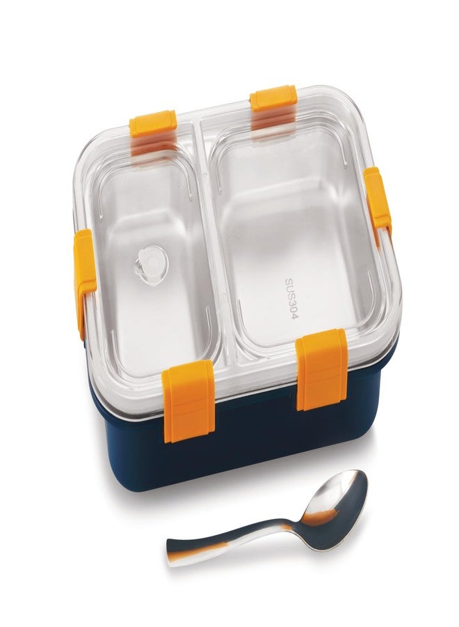 Nabhya Stainless Steel Lunch Box with 2 Compartments & Leak-Proof Lid | BPA-Free Airtight Bento Box for School, Office & Travel | 304 Steel Interior | Includes Spoon (Blue, 2-Compartment) 700ML - Image 1