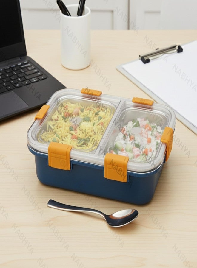 Nabhya Stainless Steel Lunch Box with 2 Compartments & Leak-Proof Lid | BPA-Free Airtight Bento Box for School, Office & Travel | 304 Steel Interior | Includes Spoon (Blue, 2-Compartment) 700ML - Image 5