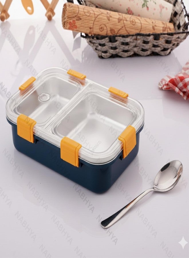 Nabhya Stainless Steel Lunch Box with 2 Compartments & Leak-Proof Lid | BPA-Free Airtight Bento Box for School, Office & Travel | 304 Steel Interior | Includes Spoon (Blue, 2-Compartment) 700ML - Image 3
